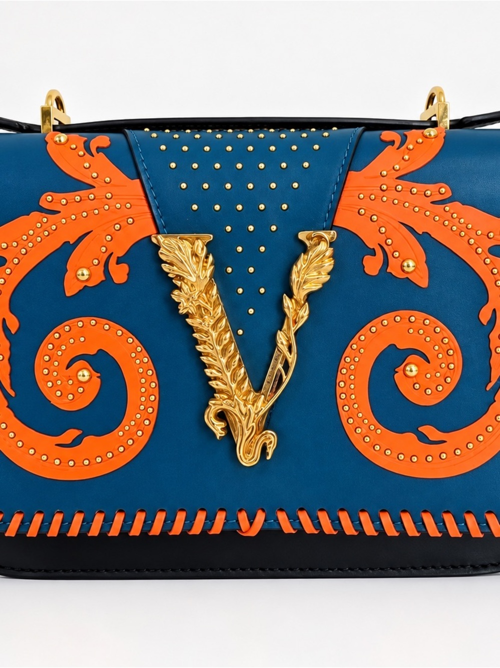 Versace Teal and Orange Leather Shoulder Bag with Gold V Emblem Western style